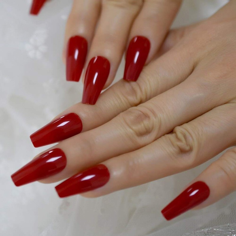Gorgeous Red Press on Ballet False Nails Long Ruby-red Coffin