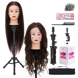 28" Mannequin Head with 60% Real Hair,Cosmetology Manikin Practice Doll Head with Hair,Braiding Hairdressing Head with Tripod Stand for Hair Styling with Table Clamp + DIY Hair Styling Set #4