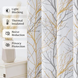 FMFUNCTEX 100% Blackout Curtains Yellow White Tree Liner Curtains for Bedroom, Branch Partterned Curtains 63 inch Length for Living Room, Room Darkening Thermal Insulated Drapes, Grommet Top 2 Panels