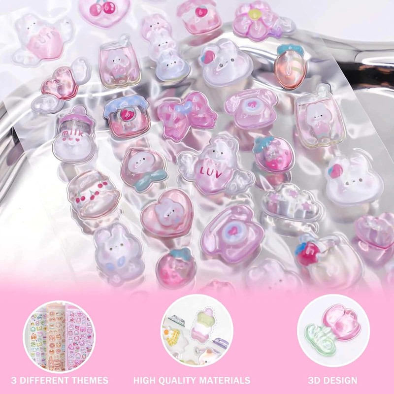 JOOTUEPO 3D Sticker Set with Cute Pink Bunny Designs, 3