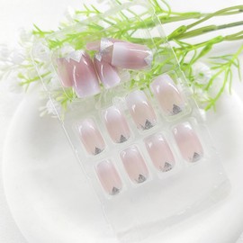 Medium Press on Nails Square White Gradient Fake Nails Nude Transparent Designs Silver Glitter Glue on Nails Medium Nails Press ons Square False Nails Glossy Stick on Nails for Women 24Pcs