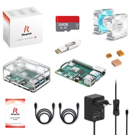 iRasptek Raspberry Pi 4B 4GB RAM Complete Starter Kit - 64GB SD Card Edition, Noobs Pre-installed, 5.1V 3.5A Power Supply, HDMI Cable, Heatsink, Transparent Case with Fan, Card Reader