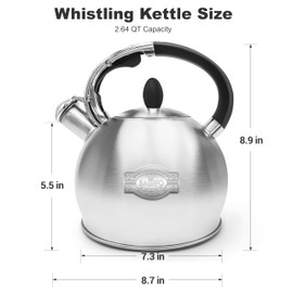 BAERFO Stainless Steel Tea Kettle, Tea Kettles Stovetop, Vintage Whistling Teapot for Stove, Durable and Rust-Resistant, with a Pot Holder Included, Whistling Tea Kettle 2.64 Quart (Brushed)