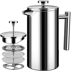 Cafetera Prensa Francesa de Acero Inoxidable de Doble Pared, 350ml Cafetera y Tetera Cafetera de Émbolo con 3 Filtros, 1 Cucharas y 1 Cepillo de...   