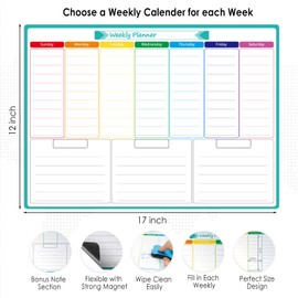 MaxGear Weekly Dry Erase Board for Fridge, Magnetic Calendar Whiteboard Planner for Refrigerator with Stain Resistant Technology, Include 7 Fine Point Markers and 1 Eraser, 17"x12"