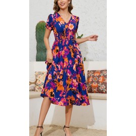 Kormei Women Casual Boho V Neck Short Sleeve Smocked Waist A Line Pocket Swing Midi Long Dress XL Navy Floral
