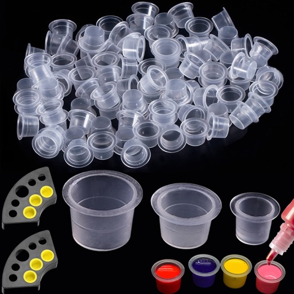 Pack of 600 Tattoo Ink Cups with 2 Cup Holders, Mixed Size 8 mm 12 mm 15 mm Transparent Pigment Cap Cup, Ink Cups for Tattoo Ink Permanent, Tattoo Zub Tattoo Kits, Tattoo Accessories