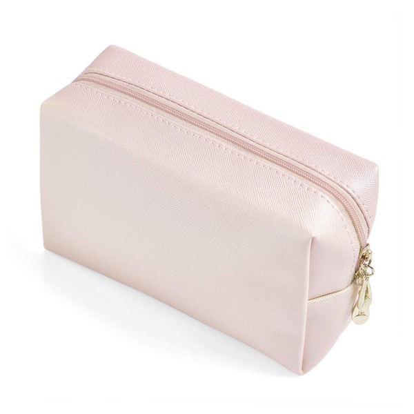 PU Leather Cosmetic Bag for Women Girls Minimalism Makeup Bag for Daily Use Portable Storage Purse Small Neat Cosmetic Pouch Water-resistant Toiletry Bag for Travel (Light Pink)