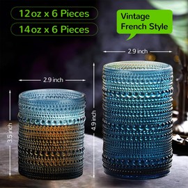 Lvtrupc Vintage Hobnail Drinking Glasses Set of 12-14 oz Old Fashioned Glass Cups & 11 oz Cocktail Glasses, Aesthetic Kitchen Bar Tumbler Glassware Gifts Sets, Blue (12Pcs Blue New)