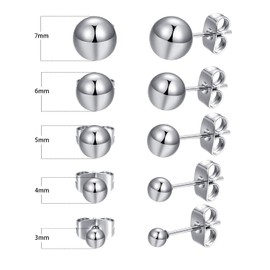 MDFUN 5 Pairs Surgical Stainless Steel Round Ball Stud Earrings Set for Women Men 3-7mm