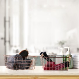 Relaxdays Wire Basket Set of 2 Square Storage Basket Metal HBT 12 x 27.5 x 22.5 cm Basket Kitchen Bathroom Mesh Basket Rose Gold
