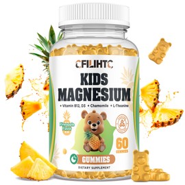 Kids Magnesium Glycinate Gummies, Magnesium for Kids & Adults, with Citrate, Zinc, Vitamin D3, B12, L-Theanine Supplement for Sleep Calm Bone & Muscle Mood, Pineapple 60ct