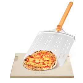 ROCKSHEAT 15x12 Inch Pizza Stone & 12 Inch Rotatable Pizza Peel Set, Baking Stone with Non-Stick Aluminum Peel, Spatula with Beech Wood Handle, Cordierite Bread stone for oven