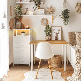 BOLUO White Dresser with 5 Drawers Tall Nightstand with Charging Station and LED Light, Bedside Table Room Storage Drawers Closet