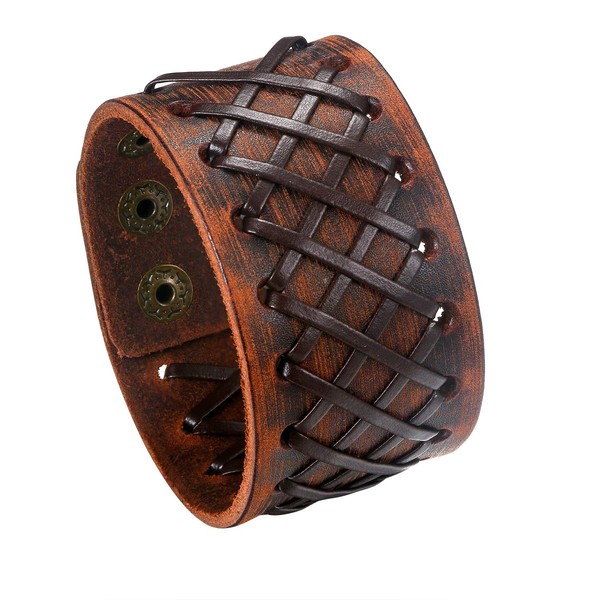 Flongo Model B Men's Leather Bracelet Large Wide Leather Bangle