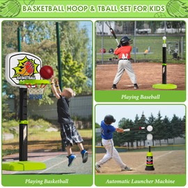 2 in 1 Toddler Basketball Hoop and Tee Ball Set for Boys: Kids Baseball Tee with Automatic Pitching Machine Adjustable Height Indoor and Outdoor Sports Toys Christmas Birthday Gifts for Boy Age 1-8