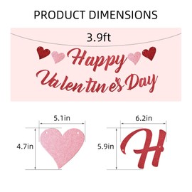 Glitter Happy Valentine's Day Banner with Hearts - Festive Valentine's Decor for Home, Party, Classroom - Red & Pink Romantic Sign for Valentine’s Holiday Decoration