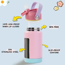 Kerilyn 12oz Kids Water Bottle 2 Pack, Stainless Steel Insulated Water Bottle Bulk, Toddler Cups with Straws Leak-Proof, Kids Water Bottles for School Boys Girls, BPA Free, Sky+Charm Pink 2 Piece Set