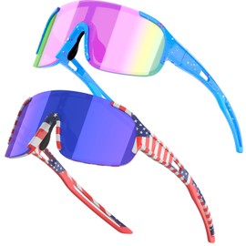 IKTOD 2PACK Youth Baseball Kids Sunglasses for 4-16 Boys Girls Softball Cycling Glasses UV400 Protection Sports Goggles (2Pack/Blue Frame+Flag Frames/CB05)