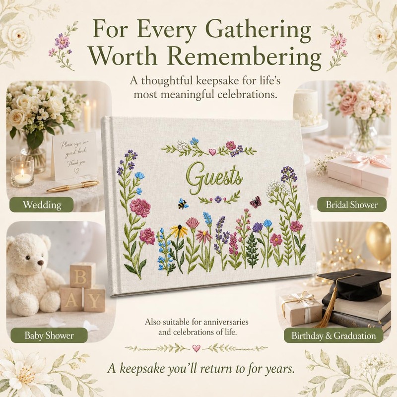 Embroidered Linen Wedding Guest Book, 160 Pages, Rustic Floral
