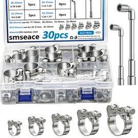 smseace 30pcs 6-sizes 304 Stainless Steel T-bolt Hose Clamps Assortment Kit 17-35mm Heavy Duty T-bolt Hose Clamps with M8 and M10 Socket Wrenches Pipe Tube Clamps