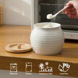 MOLADRI Ceramic Sugar Bowl with Bamboo Lid and Spoon, 11 Oz White Porcelain Sugar Salt Container Holder, Cute Farmhouse Condiment Pot for Creamer, Spice, Sugar Cube, Ghee, Coffee Bar, Countertop