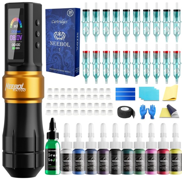 Neebol Wireless Tattoo Gun kit with Mode Memory, Cordless Rotary