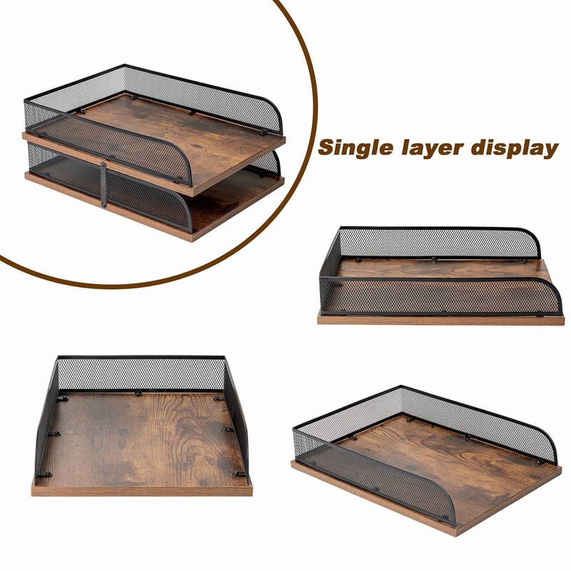 Set of 2 Vintage Wood & Metal Letter Tray，Desk Organizers