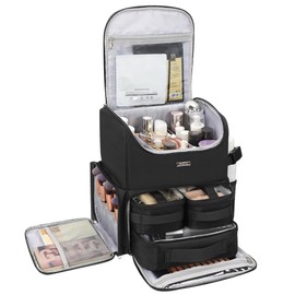 Relavel Makeup Backpack Large Makeup Bag with 3 Clear Set Bags, Dual Layer Professional Cosmetic Organizer Travel Train Case Makeup Artist Kit with Adjustable Dividers & Easy to Clean Lining, Black