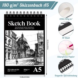 Sketch Book A5, Blank Sketch Pad, 180 g/m² Sketch Book, Thick Paper, Colouring Pad, Drawing Pad for Children, Students, Artists, Painting Enthusiasts (70 Sheets/140 Pages)