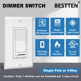 BESTTEN 10 Pack Dimmer Light Switch, Single-Pole or 3-Way Dimmer Switches, 120V, Compatible with Dimmable LED, CFL, Incandescent and Halogen Bulbs, Decorator Wallplate Included, UL Listed, White