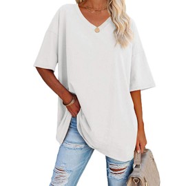 Ebifin Women's Oversize T-shirt with V-neck, Short Sleeves, Casual, Loose, Basic Summer T-shirts, Blouse, White