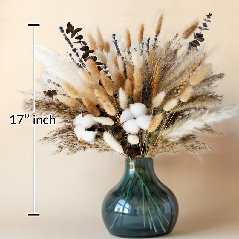Natural Dried Flower Bouquet - Pampas Grass, Cotton Stems, Bunny