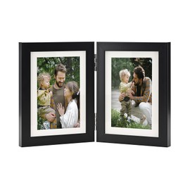 SaZiCat Double Hinged 5x7 Picture Frame with Tempered Glass-Tabletop or Wall Mounted, Display for 4x6 & 5x7 Photos (with/without Mat)-Classic Black, For Family Photos & Wedding Memories-H57X2
