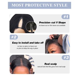 Pobokix 220% Density V Part Wigs Human Hair with Drawstring Yaki Straight Upgrade U Part Human Hair Wigs for Women Glueless Clip in Half Wigs Human Hair Magic Leave out 280g 24inch #1B Natural Black