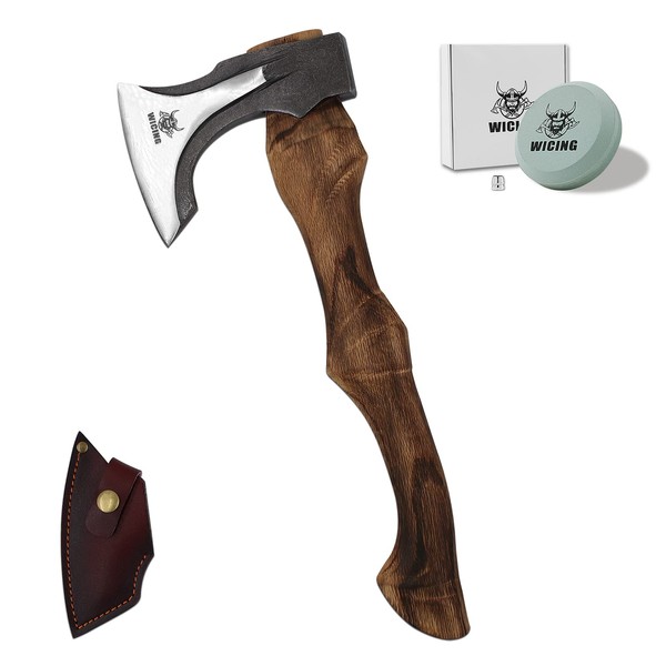 WICING Splitting Axe, 14.8 - inch Camping Hatchet with Leather Sheath, Chopping Axe 1055 High Carbon Steel and Beech Wooden Handle