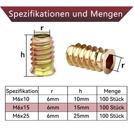 Pack of 100 Screw Nuts M6 x 15 mm, Threaded Insert Wood, Threaded Inserts Insert Nuts, Threaded Sleeves Screw-In Sleeve, Zinc Screw Sleeves for Wooden Furniture, with Key