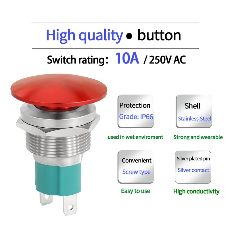 10 Amp 19mm Momentary Push Button Switch Red Mushroom Head