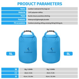 ioutdoor Dry Bag Set,2L/5L/10L/20L Waterproof Dry Bags Lightweight Dry Sacks Set Waterproof Canoe Bags for Rafting Hiking Camping Travel Fishing Boating(Blue 5L+5L)