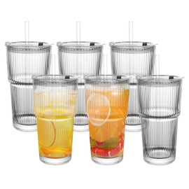 wangsdjy 20oz Ribbed Drinking Glasses with Lids and Glass Straws-Thickened Glass cup -Vintage glass straw cups- Ideal for Iced Coffees, Cocktails, Juices, Family Use and Parties (6)