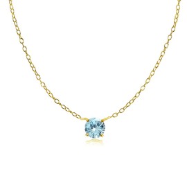 Yellow Gold Flashed Sterling Silver Small Dainty Round Solitaire Blue Topaz Choker Necklace