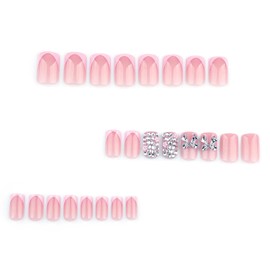 Pink French Tip Press on Nails Bow Charms Design Fake Nails Short Square Glue on Nails Flower Rhinestone Acrylic Nails Cute False Nails Full Cover Artificial Nails Glossy Stick on Nails for Women