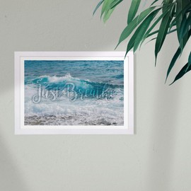 Wynwood Studio Typography Framed Wall Art Prints 'Just Breathe' Inspirational Quotes and Sayings Home Décor, 19" x 13", Blue, White