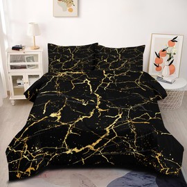 CCoutueChen Black Marble Comforter Set Queen Size Gold Metallic Marble Print Microfiber Comforter Modern Abstract Art Bedding Set Ultra Soft Lightweight Down Alternative Comforter Sets for Women Men
