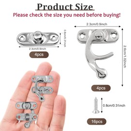 Misuyue 4pcs Mini Swing Arm Clasp Latch Vintage Silver Left Latch Hook Hasp, 26 x 23mm Lock Clasp for DIY Suitcase Toolbox Wooden Case Jewelry Box