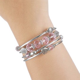 PEARL&CLUB Bead Crystal Wrap Bangle Bracelet - Fashion Jewelry Beaded Bracelet with Silver Metal, Gifts for Women(23-Pink)
