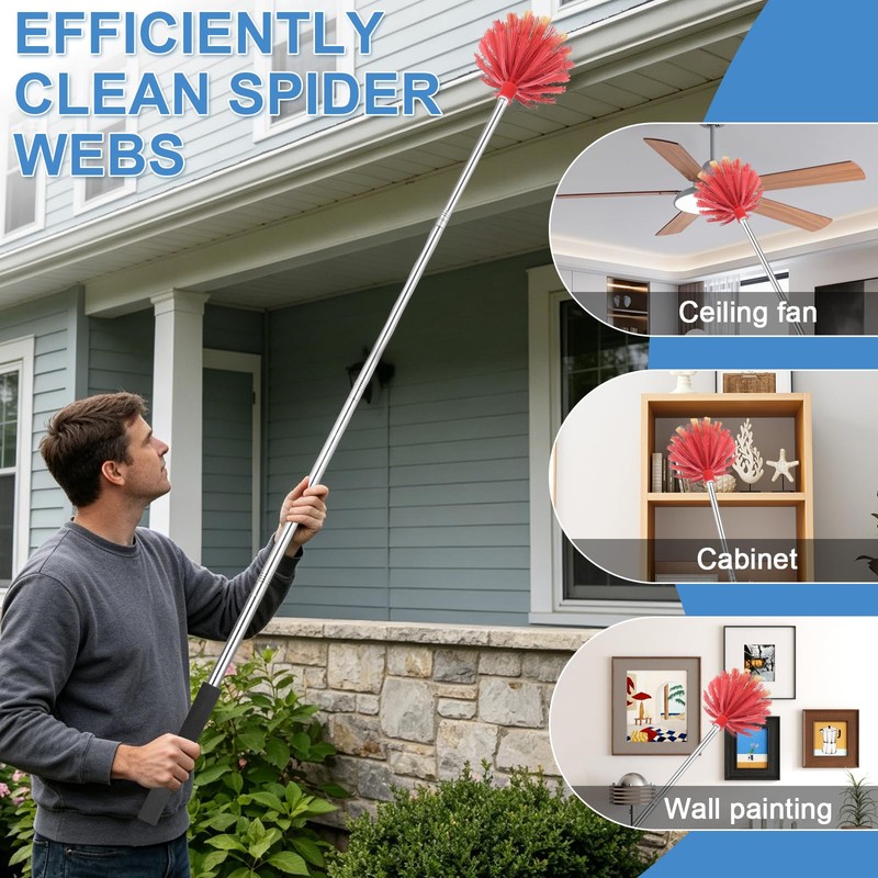 Cobweb Duster with Extension Pole, Medium Stiff Bristles Cobweb Duster