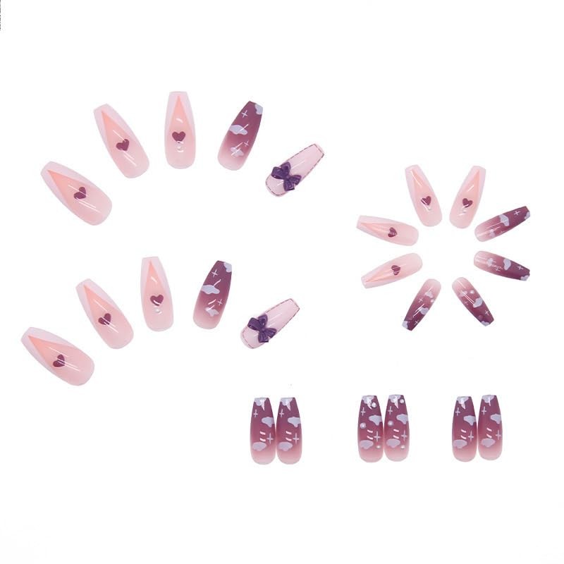 Uñas postizas acrílicas de cobertura completa con lazo morado en