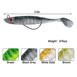 Dr.Fish 3pcs Soft Fishing Lures Jig Head with Paddle Tail Soft Fishing Lures 13CM 26g Fishing Accessories for Sea Fishing Bass Pike Trout Perch,Color: Grass green