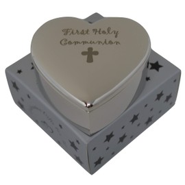 celebrationgiftsforall First Holy Communion Catholic Cross On a Silver Heart Trinket Jewellery Keepsake Box for a Special Girl